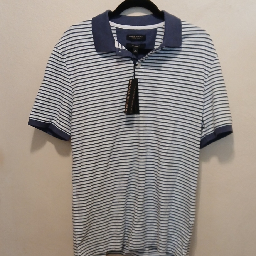 Banana Republic Blue and White Striped Polo Shirt